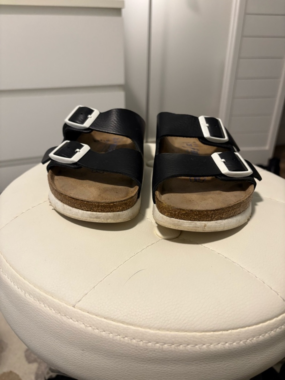 Birkenstock Black Leather Two-Strap Sandals with White Buckles - Picture 4 of 5